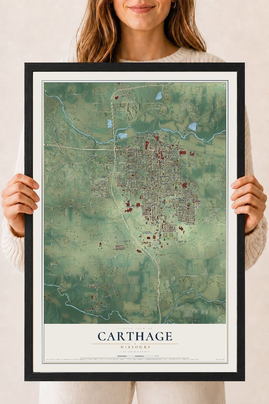 Map of Carthage, Missouri, 18 x 24 inch print in a black wood frame