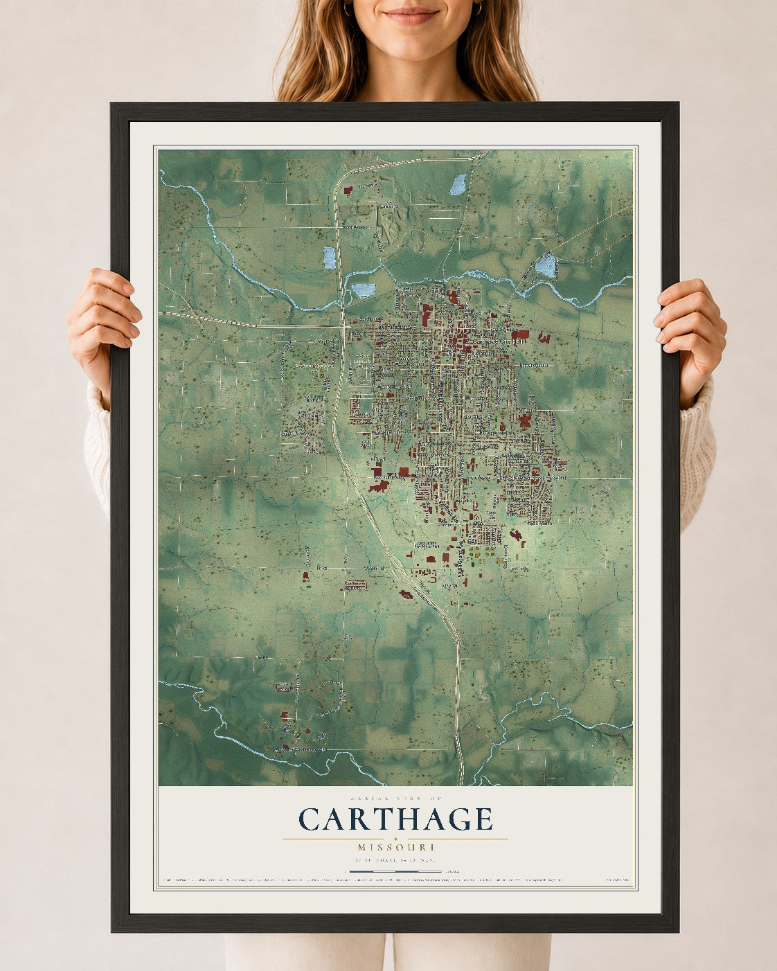 Map of Carthage, Missouri, 24 x 36 inch print in a black wood frame