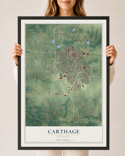 Map of Carthage, Missouri, 24 x 36 inch print in a black wood frame
