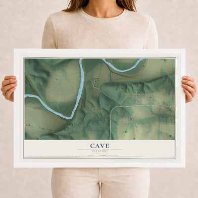 Map of Cave, Missouri, 12 x 18 inch print in a white wood frame