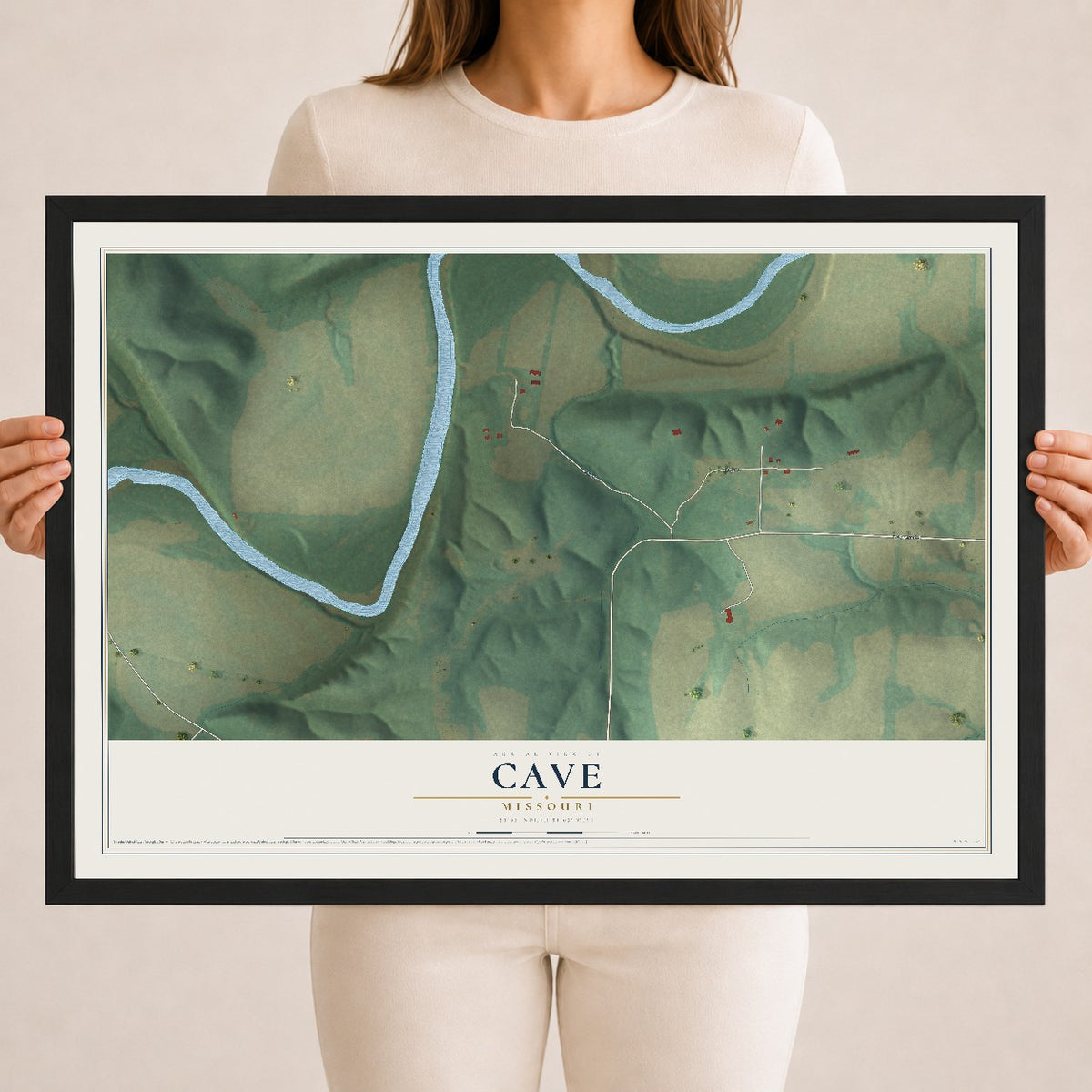 Map of Cave, Missouri, 18 x 24 inch print in a black wood frame
