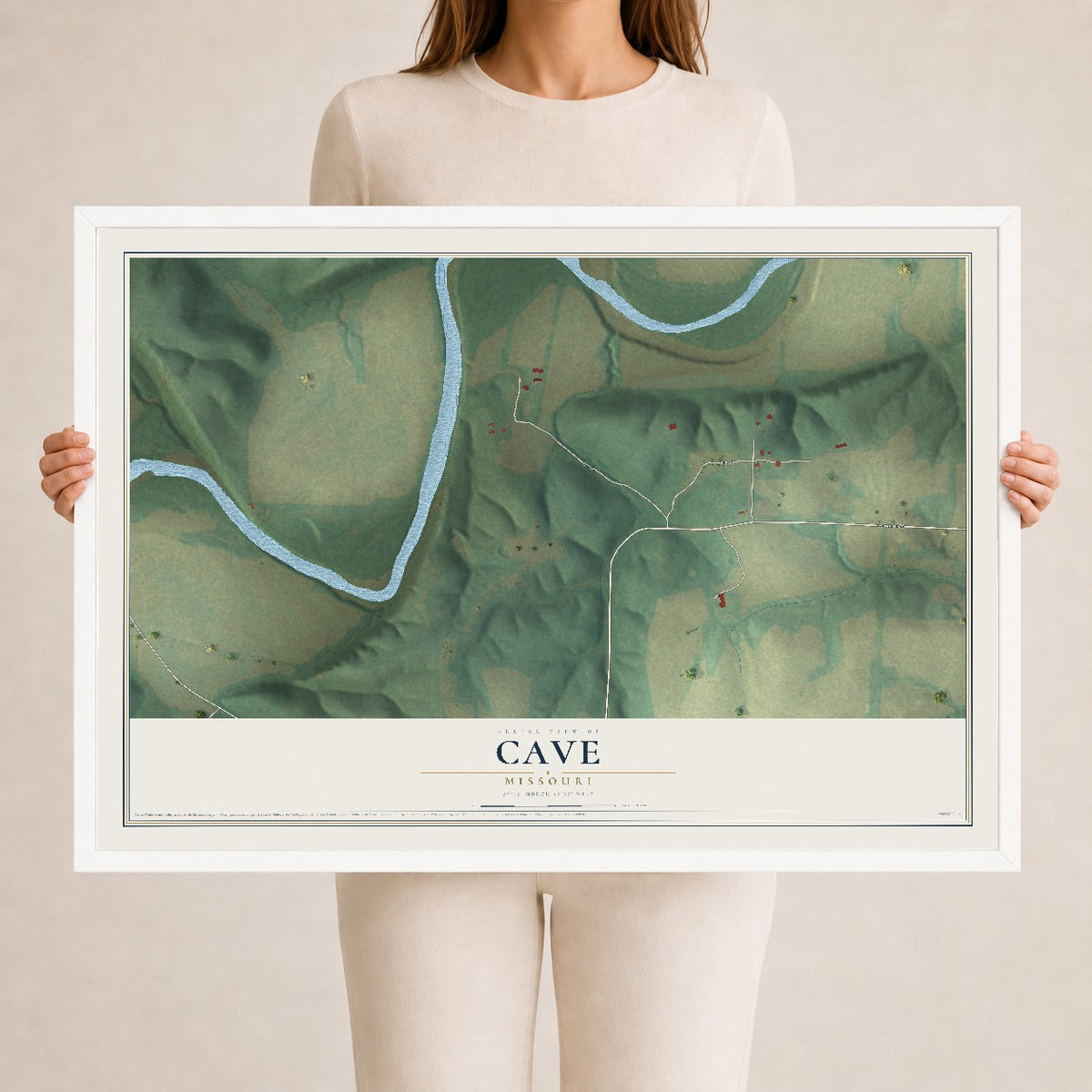 Map of Cave, Missouri, 24 x 36 inch print in a white wood frame