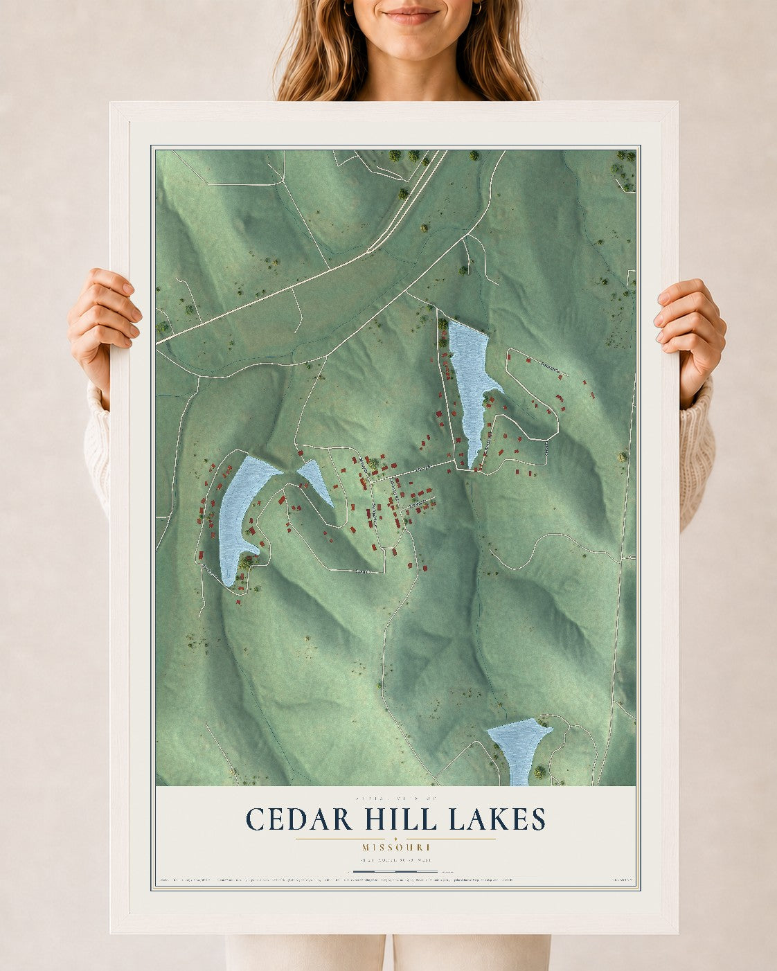 Map of Cedar Hill Lakes, Missouri, 24 x 36 inch print in a white wood frame