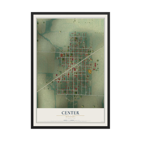 Map of Center, Missouri, 12 x 18 inch print in a black wood frame