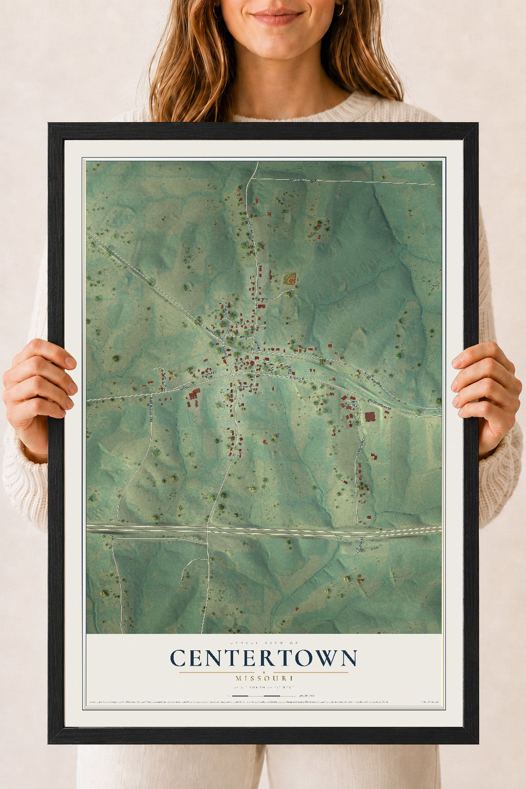 Map of Centertown, Missouri, 18 x 24 inch print in a black wood frame