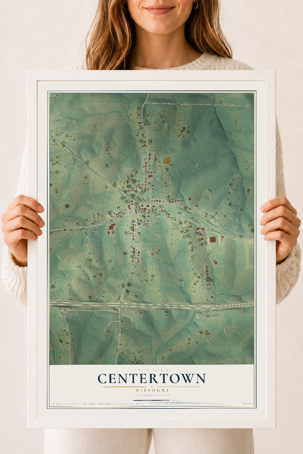 Map of Centertown, Missouri, 18 x 24 inch print in a white wood frame