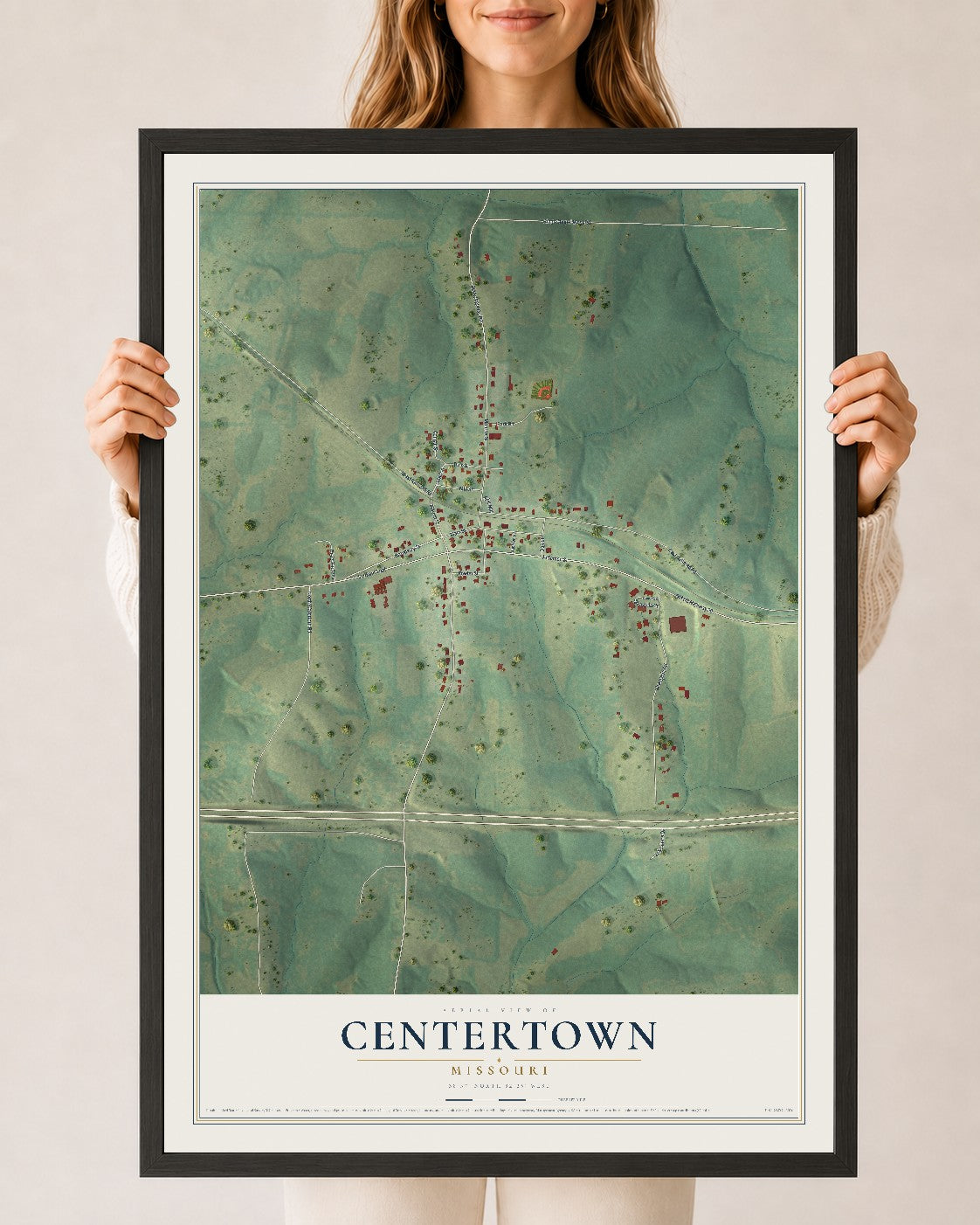 Map of Centertown, Missouri, 24 x 36 inch print in a black wood frame