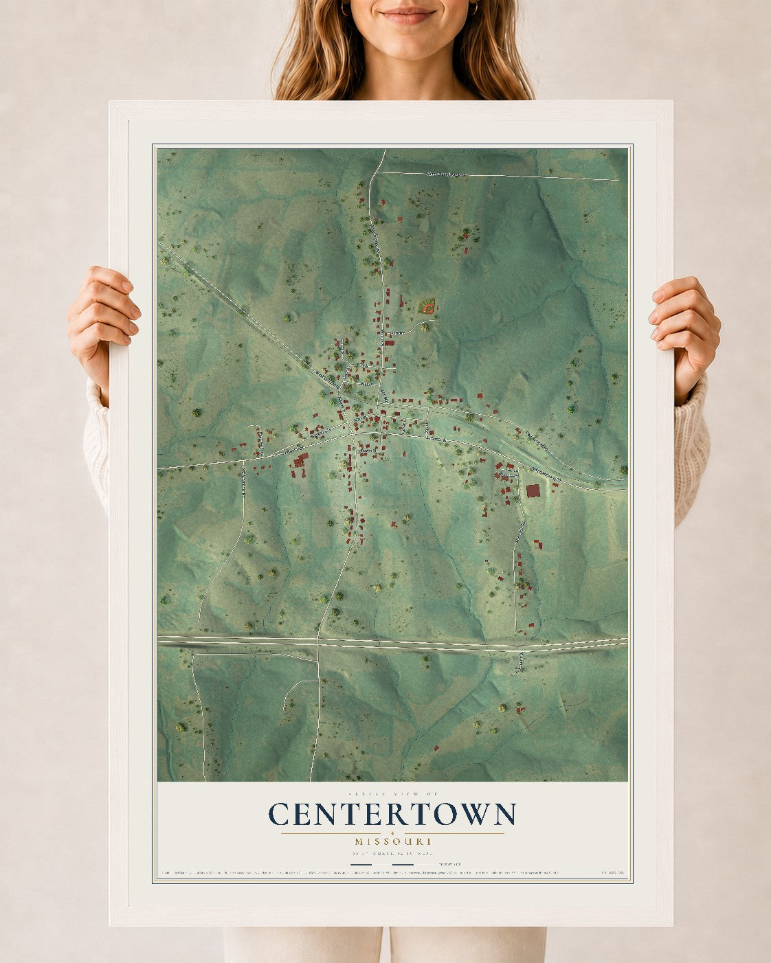 Map of Centertown, Missouri, 24 x 36 inch print in a white wood frame