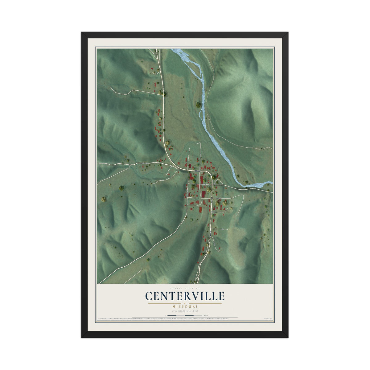 Map of Centerville, Missouri, 12 x 18 inch print in a black wood frame
