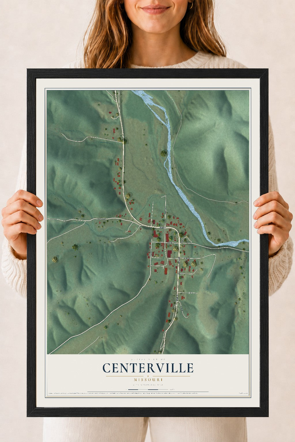 Map of Centerville, Missouri, 18 x 24 inch print in a black wood frame