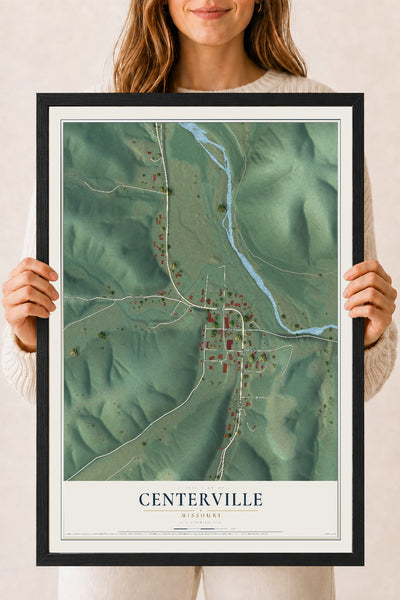 Map of Centerville, Missouri, 18 x 24 inch print in a black wood frame