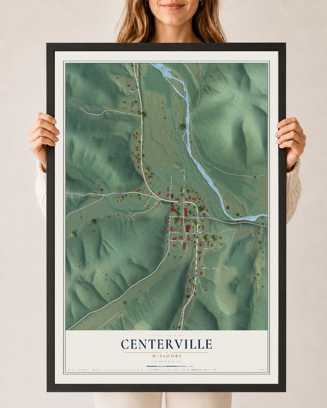 Map of Centerville, Missouri, 24 x 36 inch print in a black wood frame