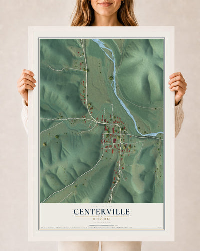 Map of Centerville, Missouri, 24 x 36 inch print in a white wood frame