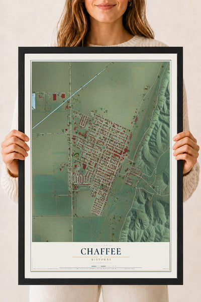 Map of Chaffee, Missouri, 18 x 24 inch print in a black wood frame