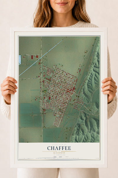 Map of Chaffee, Missouri, 18 x 24 inch print in a white wood frame