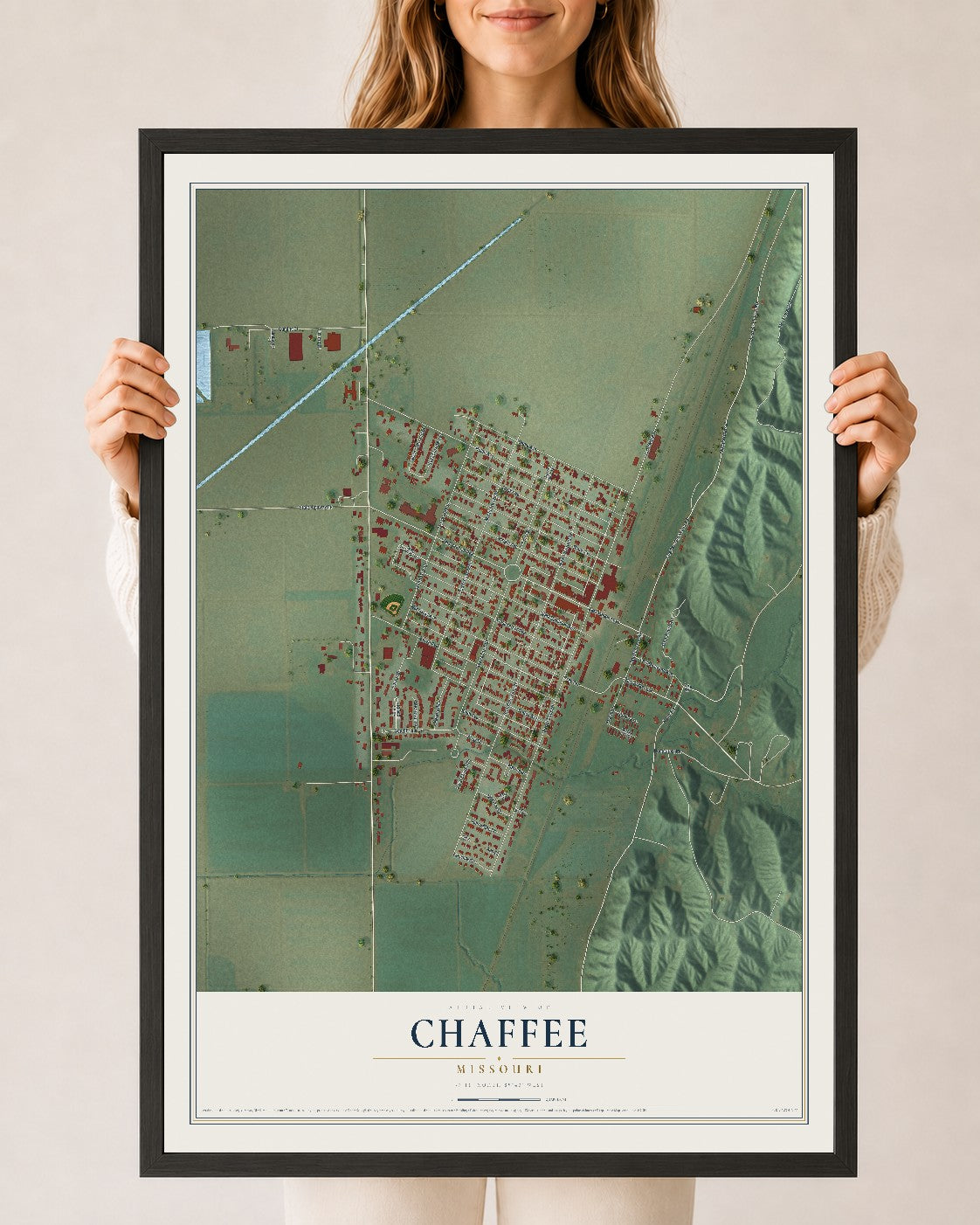 Map of Chaffee, Missouri, 24 x 36 inch print in a black wood frame