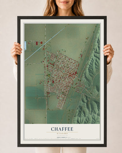 Map of Chaffee, Missouri, 24 x 36 inch print in a black wood frame