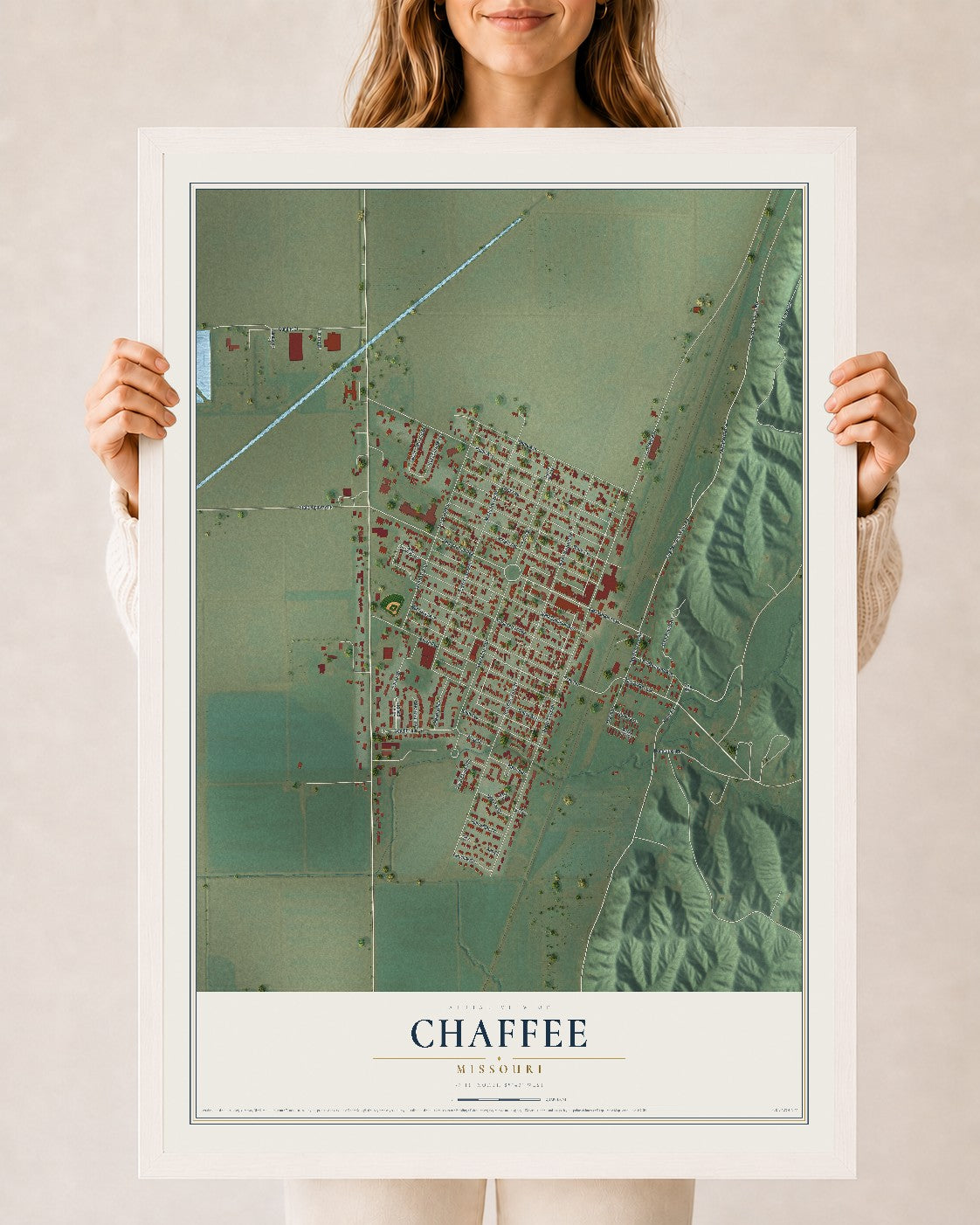 Map of Chaffee, Missouri, 24 x 36 inch print in a white wood frame