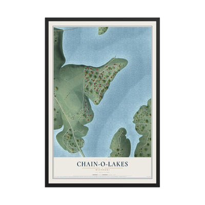 Map of Chain-O-Lakes, Missouri, 12 x 18 inch print in a black wood frame