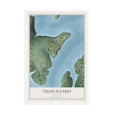 Map of Chain-O-Lakes, Missouri, 12 x 18 inch print in a white wood frame