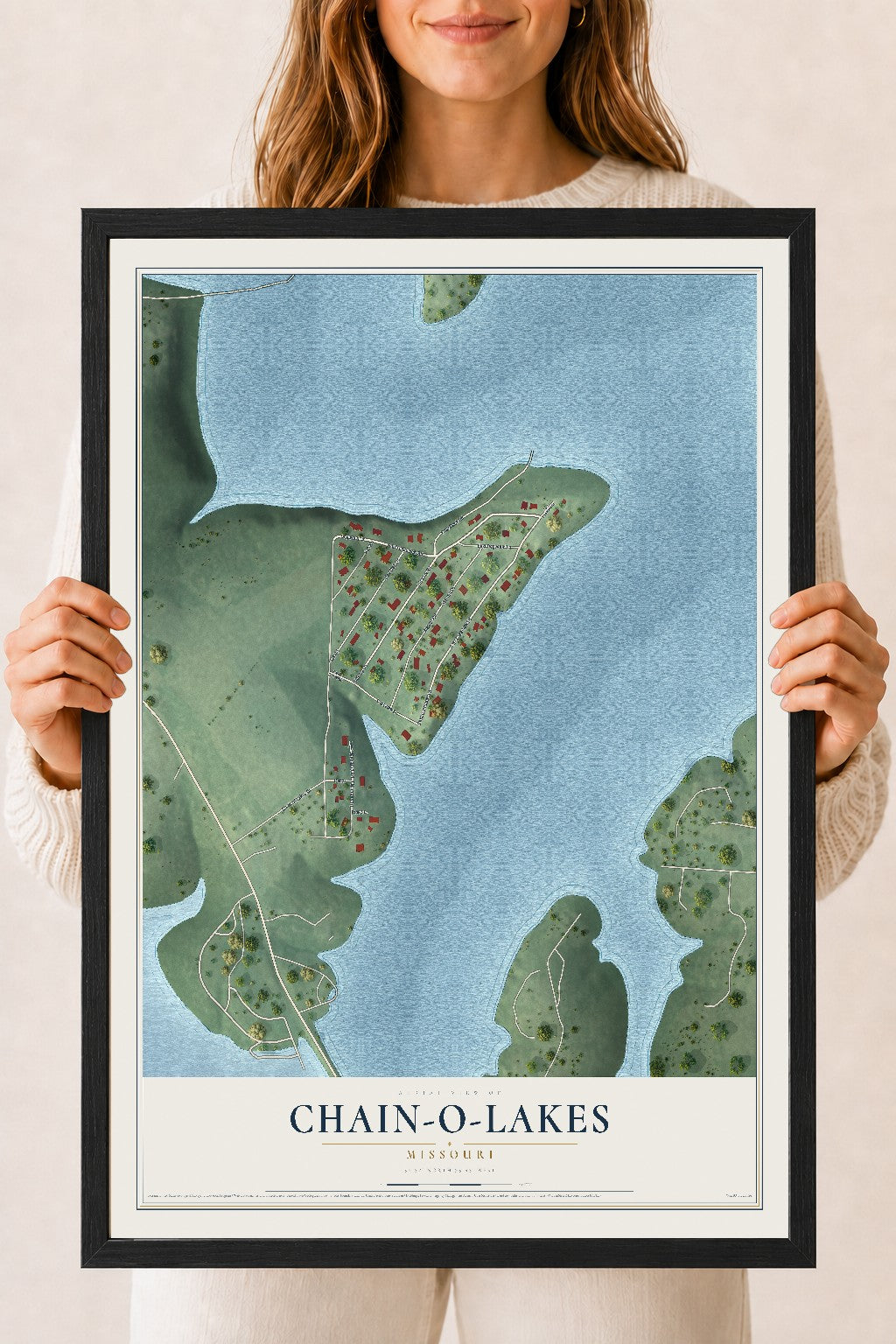 Map of Chain-O-Lakes, Missouri, 18 x 24 inch print in a black wood frame