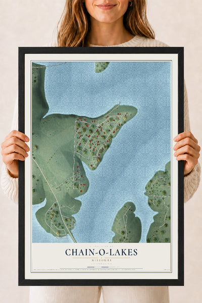 Map of Chain-O-Lakes, Missouri, 18 x 24 inch print in a black wood frame