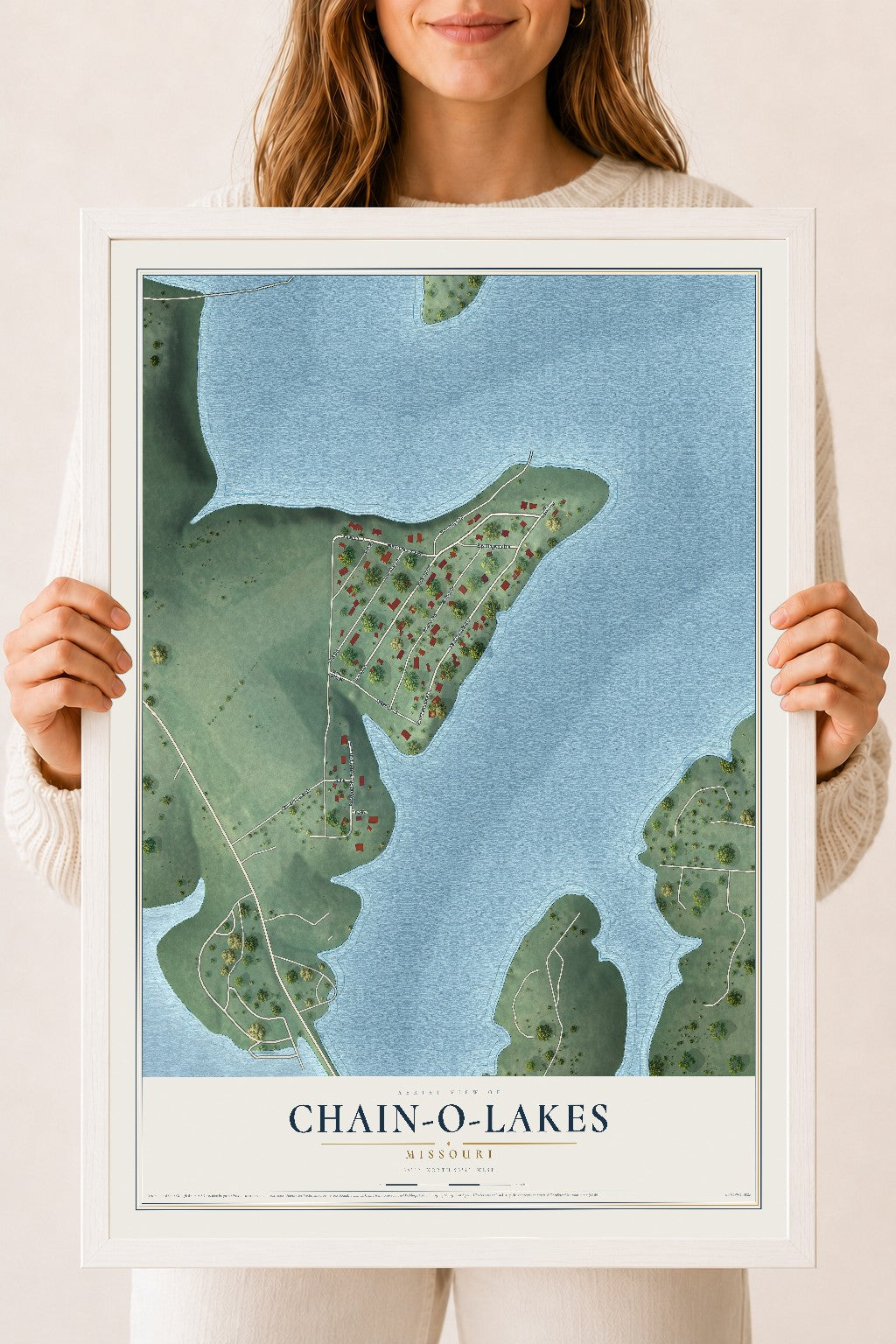 Map of Chain-O-Lakes, Missouri, 18 x 24 inch print in a white wood frame