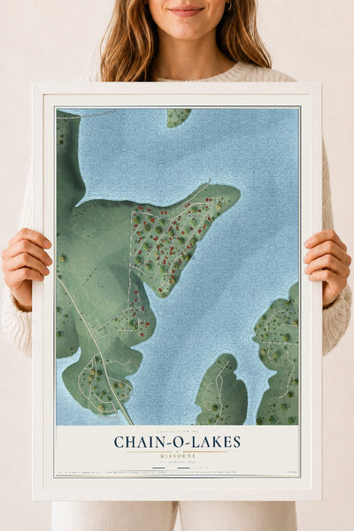 Map of Chain-O-Lakes, Missouri, 18 x 24 inch print in a white wood frame