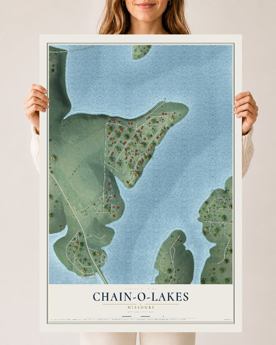 Map of Chain-O-Lakes, Missouri, 24 x 36 inch unframed archival matte print