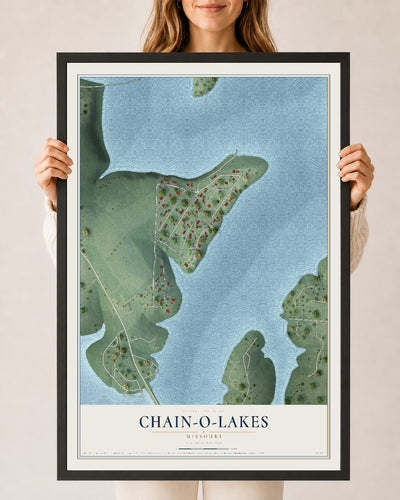 Map of Chain-O-Lakes, Missouri, 24 x 36 inch print in a black wood frame