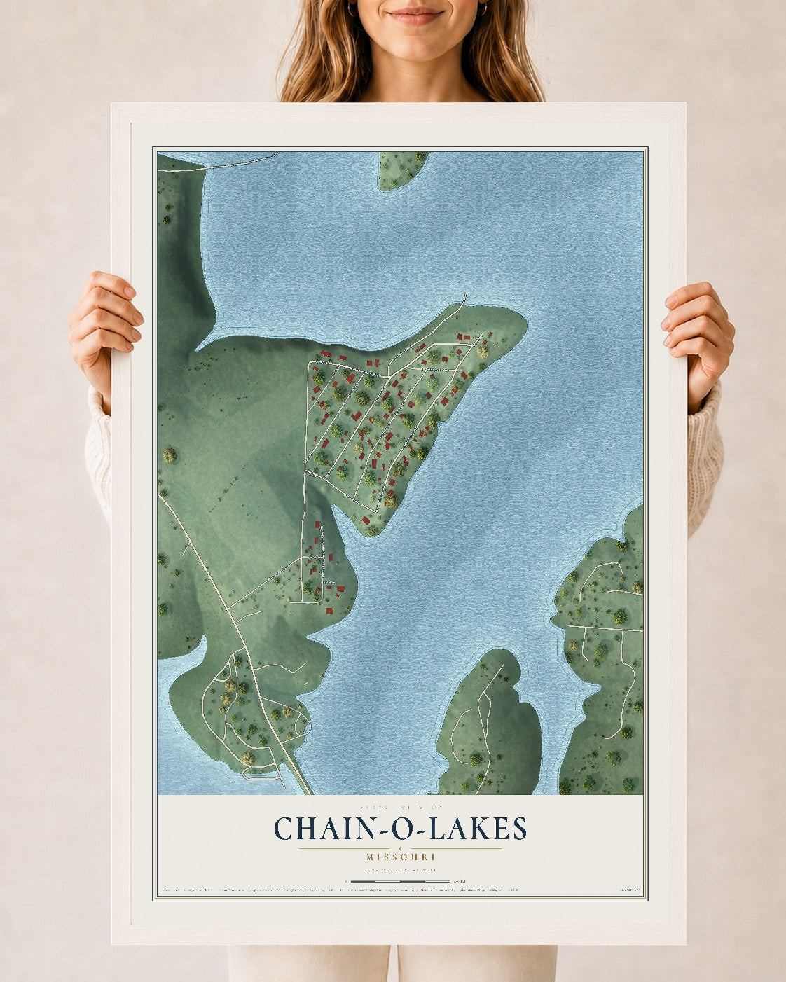 Map of Chain-O-Lakes, Missouri, 24 x 36 inch print in a white wood frame