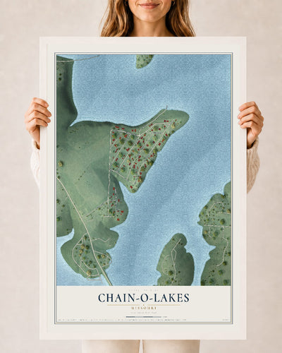 Map of Chain-O-Lakes, Missouri, 24 x 36 inch print in a white wood frame