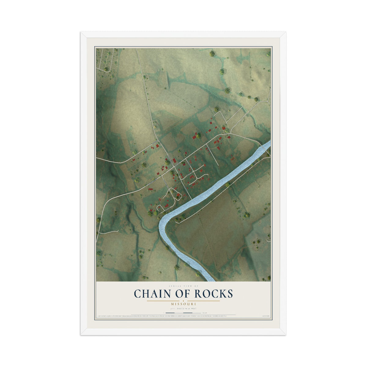 Map of Chain of Rocks, Missouri, 12 x 18 inch print in a white wood frame