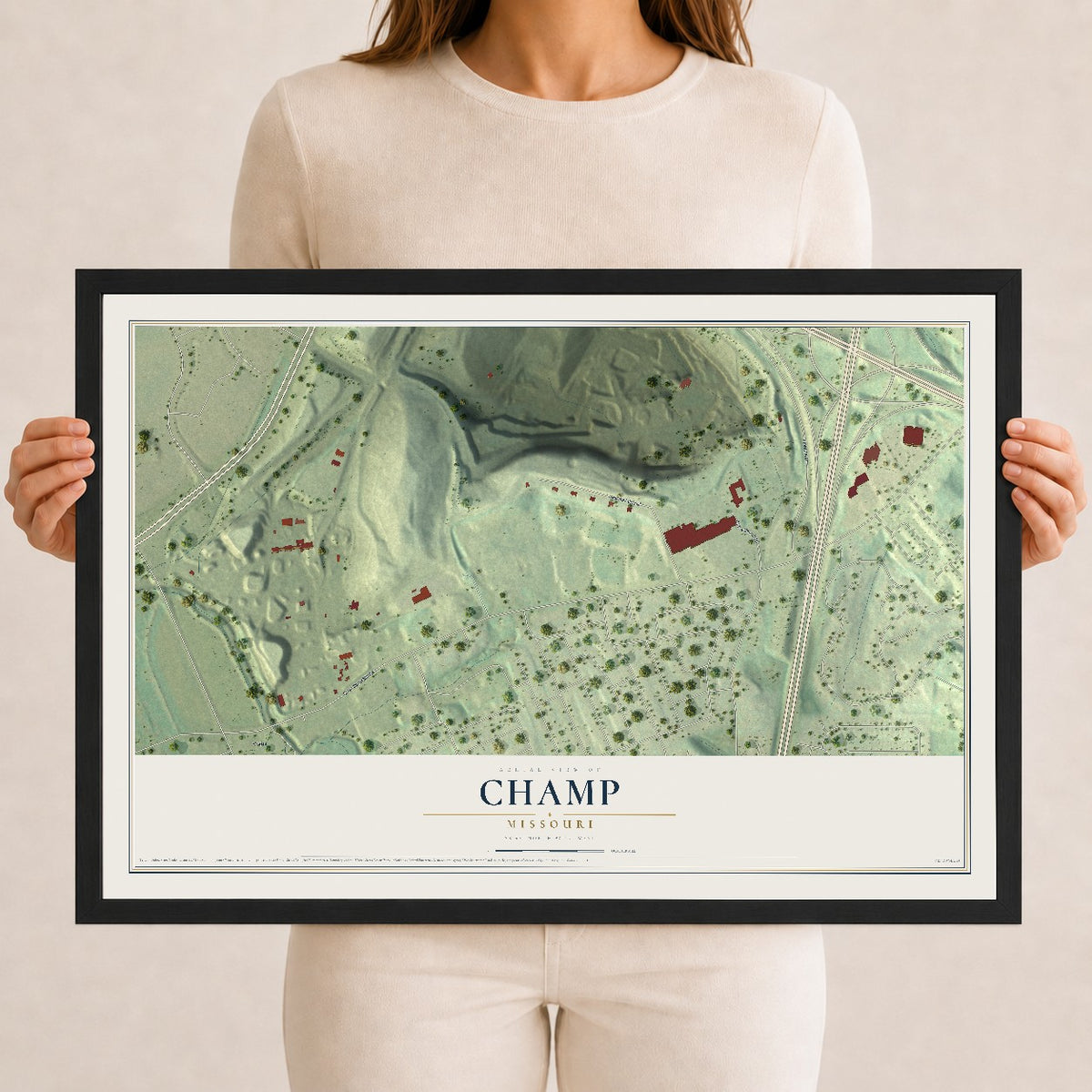 Map of Champ, Missouri, 12 x 18 inch print in a black wood frame