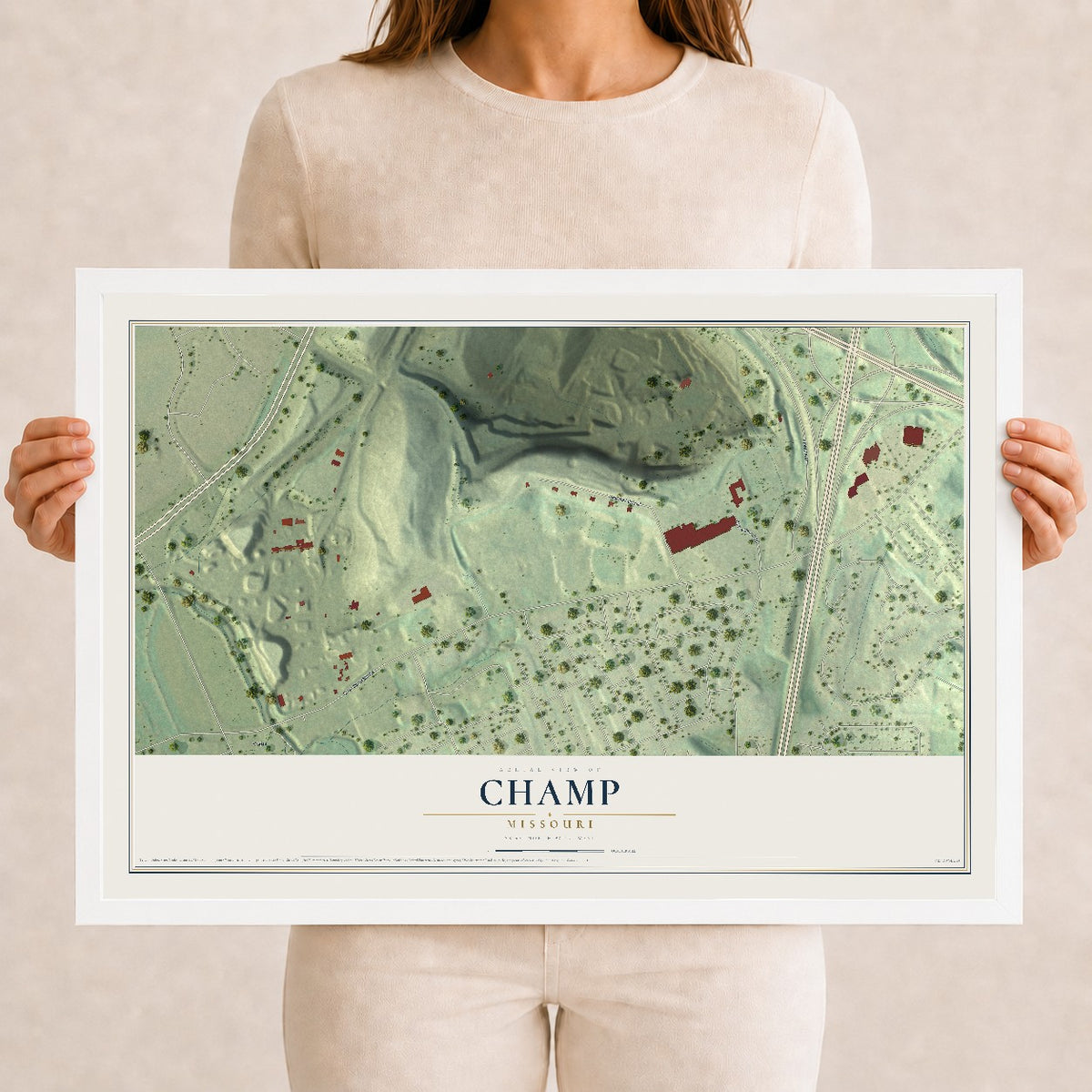 Map of Champ, Missouri, 12 x 18 inch print in a white wood frame