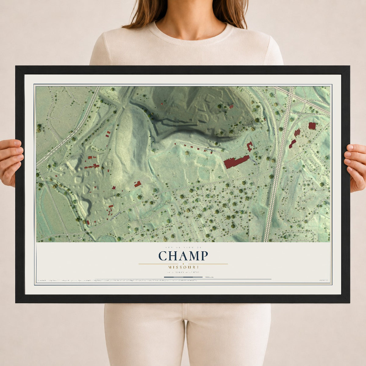 Map of Champ, Missouri, 18 x 24 inch print in a black wood frame