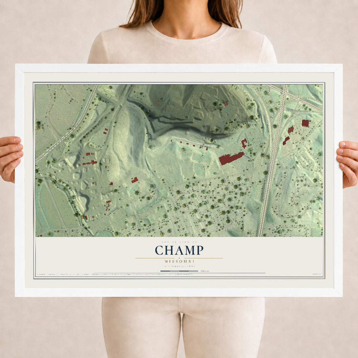 Map of Champ, Missouri, 18 x 24 inch print in a white wood frame