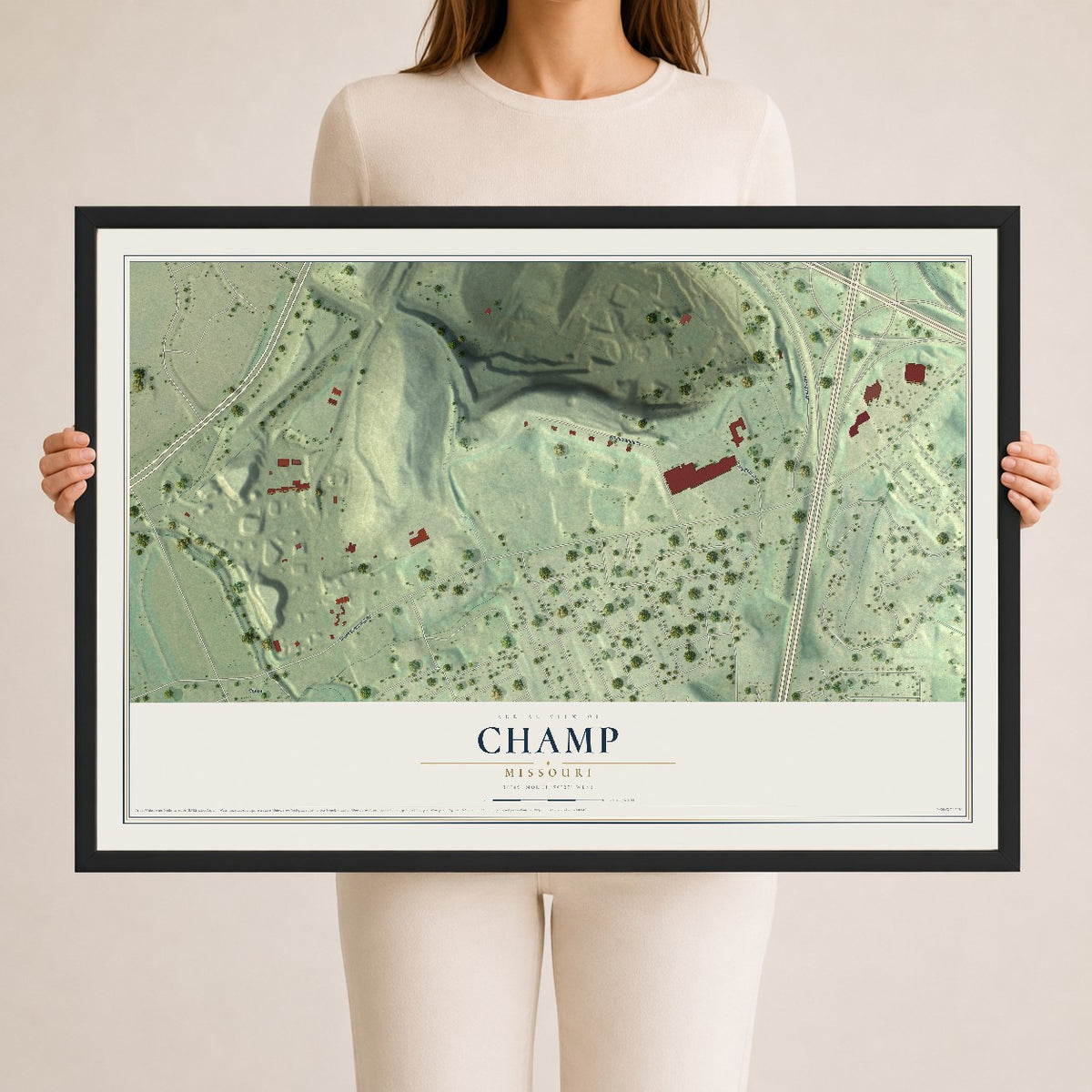 Map of Champ, Missouri, 24 x 36 inch print in a black wood frame