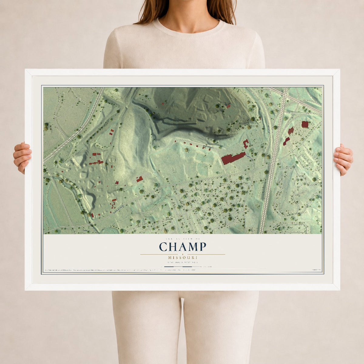 Map of Champ, Missouri, 24 x 36 inch print in a white wood frame