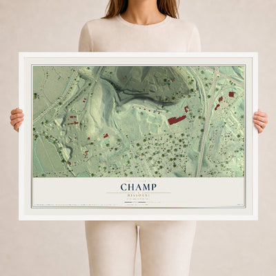 Map of Champ, Missouri, 24 x 36 inch print in a white wood frame