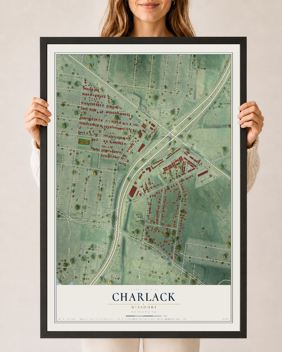 Map of Charlack, Missouri, 24 x 36 inch print in a black wood frame