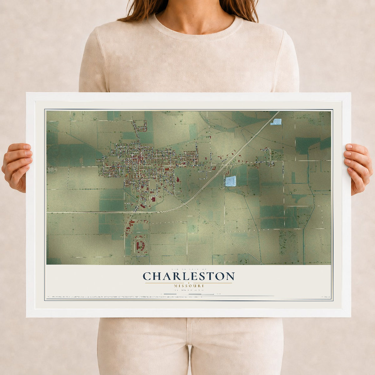 Map of Charleston, Missouri, 12 x 18 inch print in a white wood frame