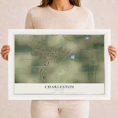 Map of Charleston, Missouri, 12 x 18 inch print in a white wood frame