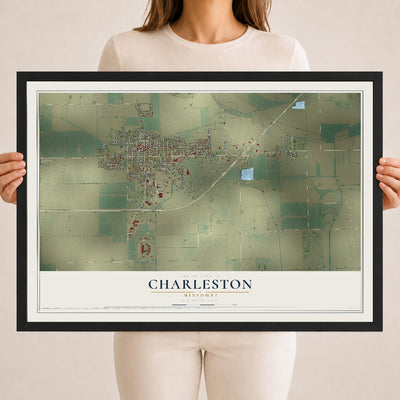 Map of Charleston, Missouri, 18 x 24 inch print in a black wood frame