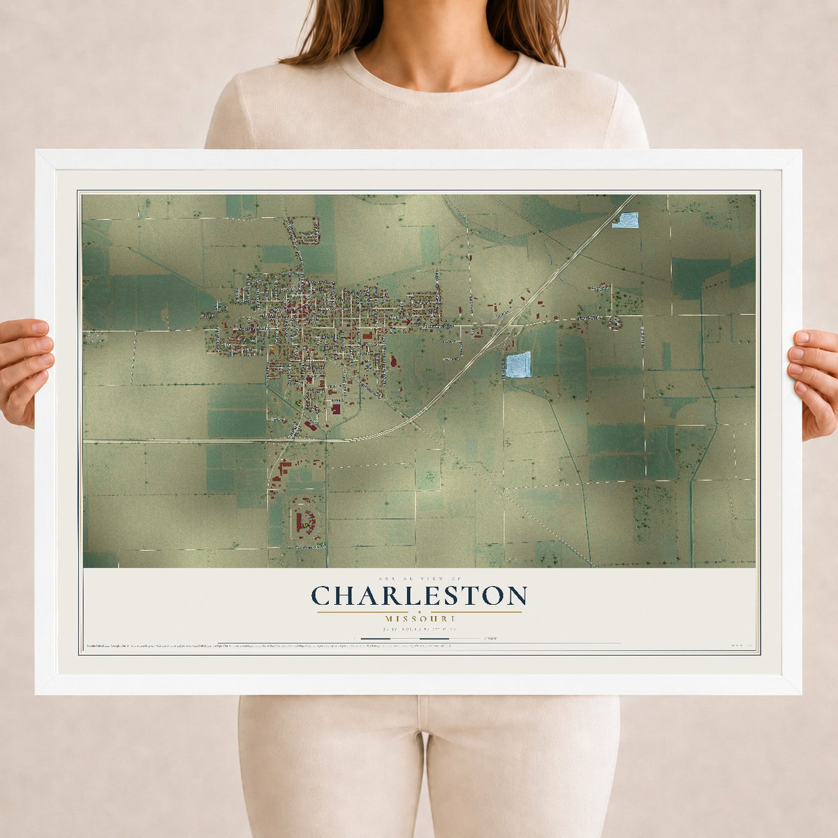Map of Charleston, Missouri, 18 x 24 inch print in a white wood frame