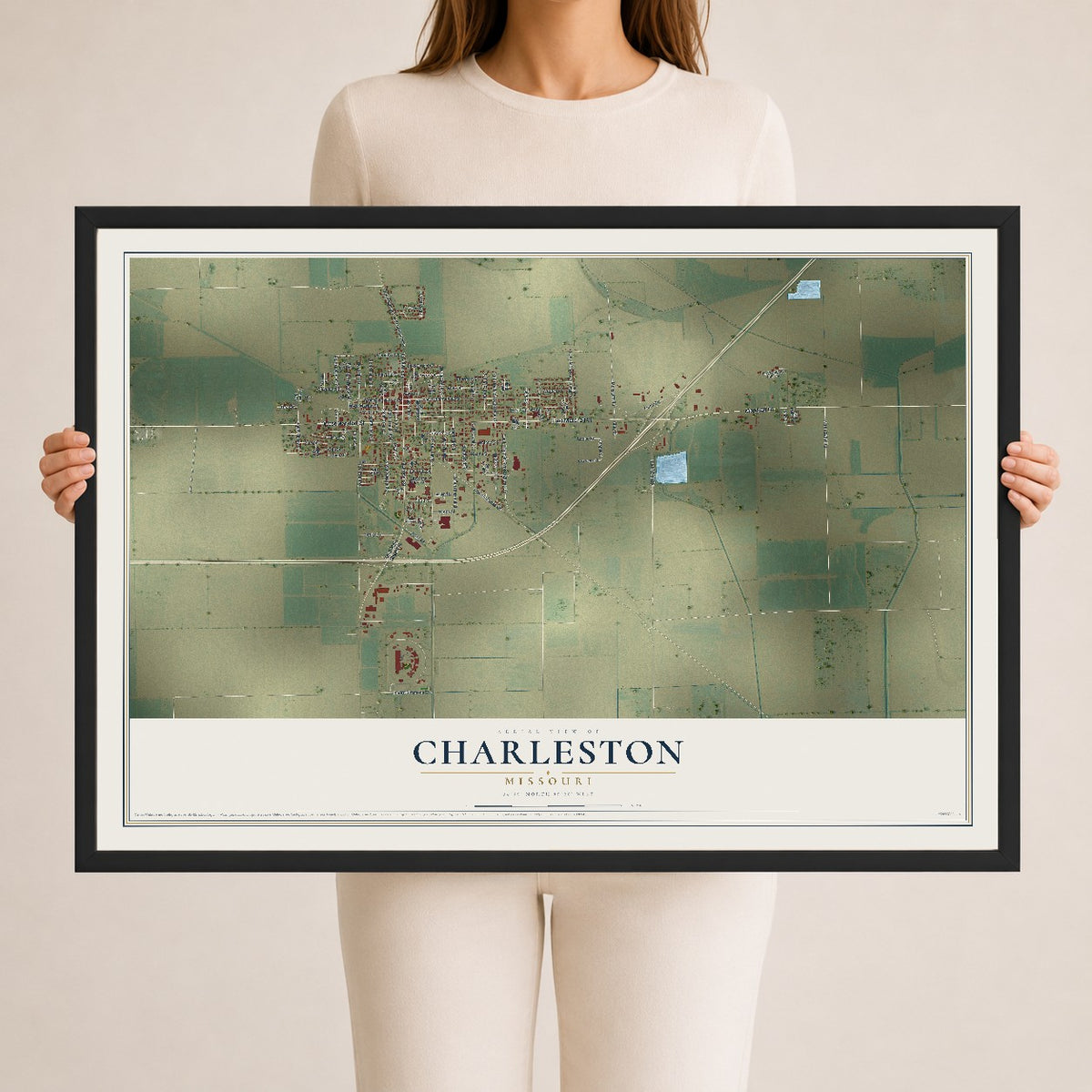Map of Charleston, Missouri, 24 x 36 inch print in a black wood frame
