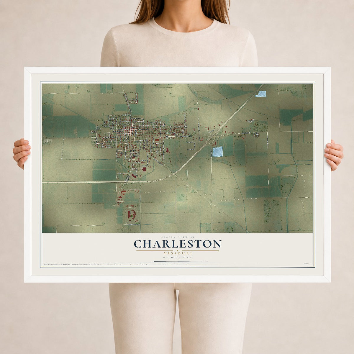 Map of Charleston, Missouri, 24 x 36 inch print in a white wood frame