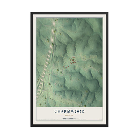Map of Charmwood, Missouri, 12 x 18 inch print in a black wood frame