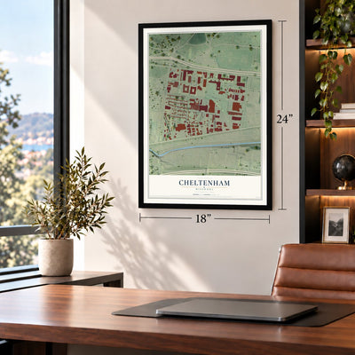 Cheltenham, Missouri map, 18 x 24 inch print in a black frame in a home office