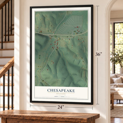 Chesapeake, Missouri map, 24 x 36 inch print in a black frame by a staircase